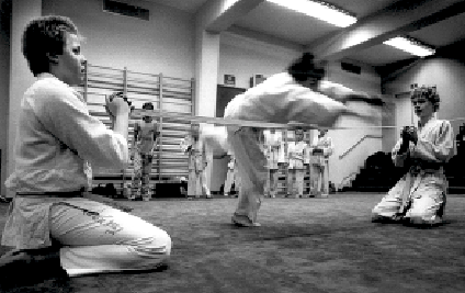 Kinder Aikido. Sprungrolle über ein Hinderniss. Kinder Aikido im Dojo in Järfälla. Foto: Magnus Hartmann.