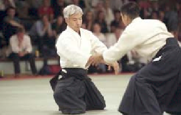 Aikido Vorführung, Hanmi Handachi Waza mit Doshu, Stockholm 2001. Foto:Magnus Hartmann.