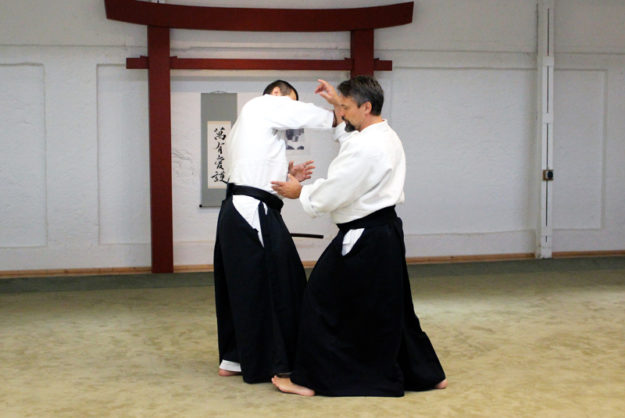 Aikido Seminar München 2016 mit Konstantin Rekk Sensei aus Berlin Angriffsform is Jodan Tsuki (Fastangriff zum Kopf). Der Eingang sollte unmittelbar den Stand des Angreifers beinflussen, ihn so für "Atemi" öffnen und seinen Handlungspielraum einschränken.