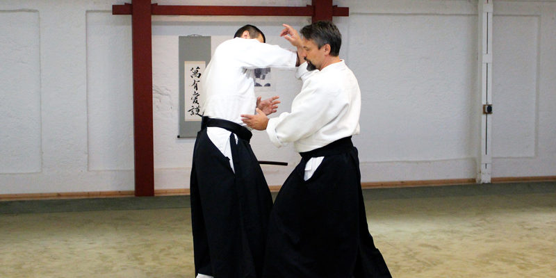 Aikido Seminar München 2016 mit Konstantin Rekk Sensei aus Berlin Angriffsform is Jodan Tsuki (Fastangriff zum Kopf). Der Eingang sollte unmittelbar den Stand des Angreifers beinflussen, ihn so für "Atemi" öffnen und seinen Handlungspielraum einschränken.