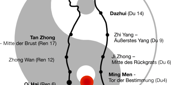 Kleiner Himmlischer Kreislauf, Kreislauf des Lichts, Kleiner Kosmischer Kreislauf Es werden die wichtigsten Akupunkturpunkte und Energiezentren des Kleinen Himmlischen Kreislaufs dargestellt. Diese liegen entlang der Dumai und Renmai Gefäße.