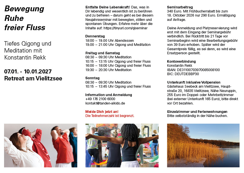 Flyer Qigong und Meditation Seminar Informationen , Januar 2027 am Vielitzsee